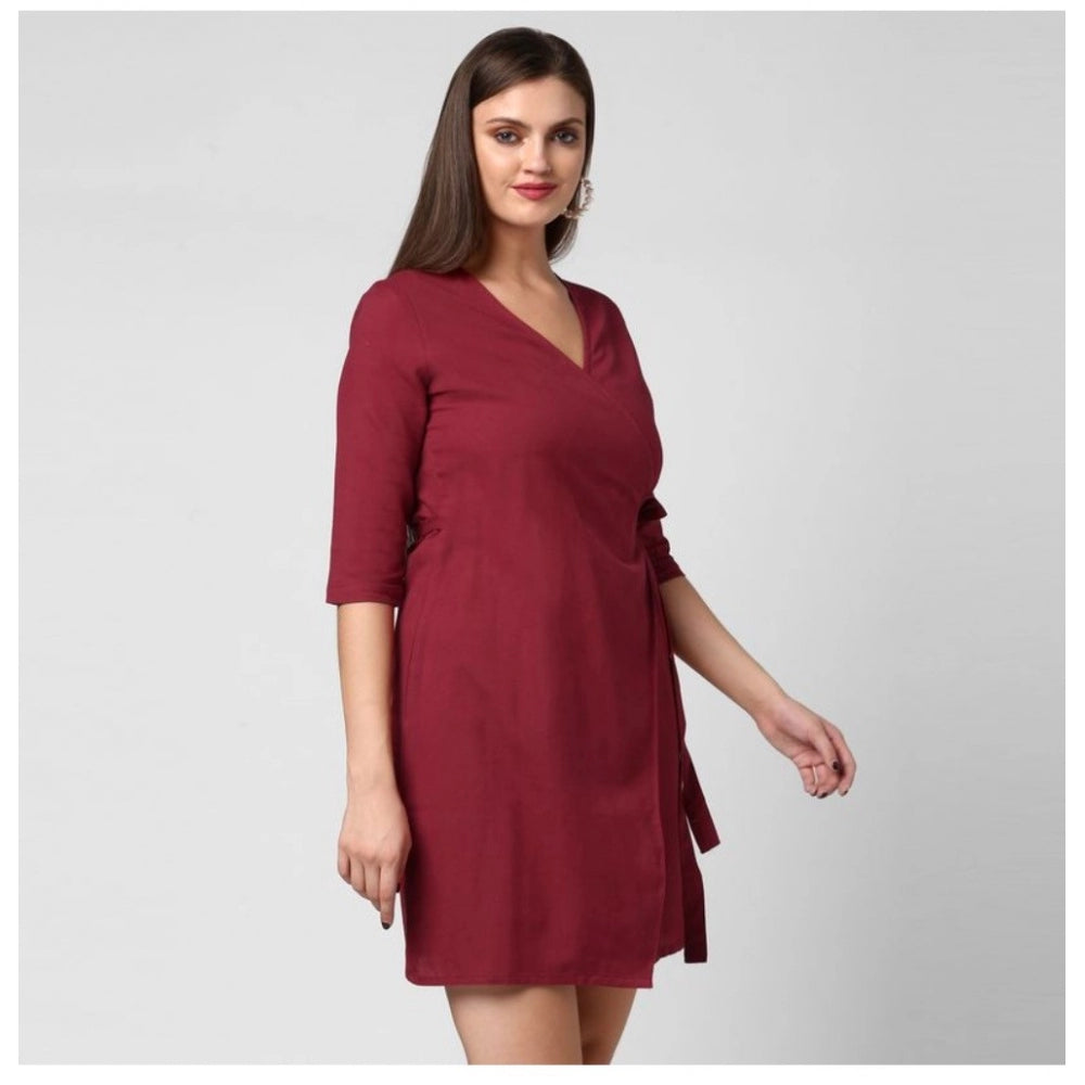 Vaystra Cotton Solid 3-4th Sleeves Above Knee Dress – Maroon