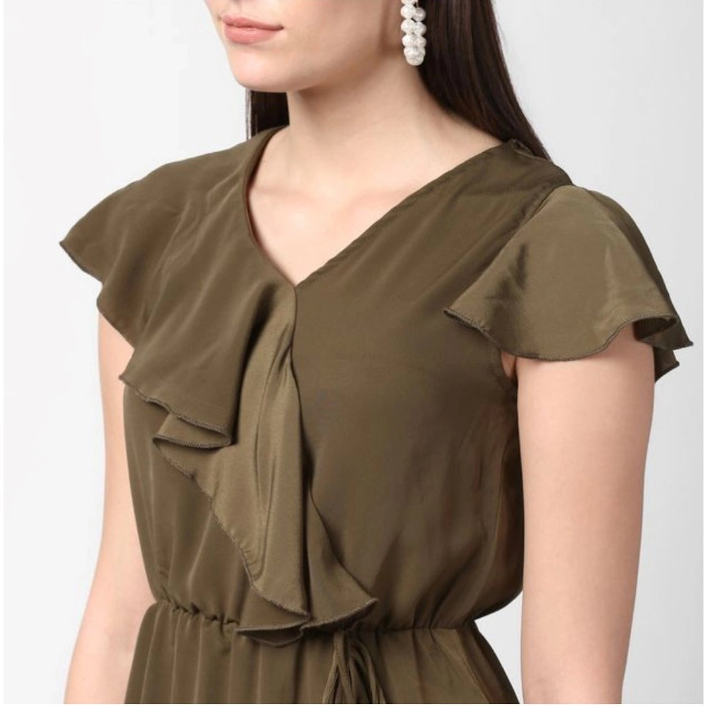 Vaystra Polyester Ruffled Cap Sleeve Knee-Length Dress – Olive