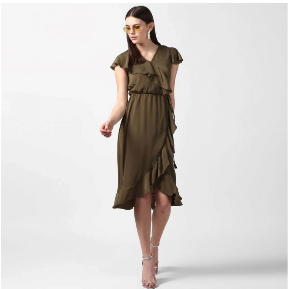 Vaystra Polyester Ruffled Cap Sleeve Knee-Length Dress – Olive