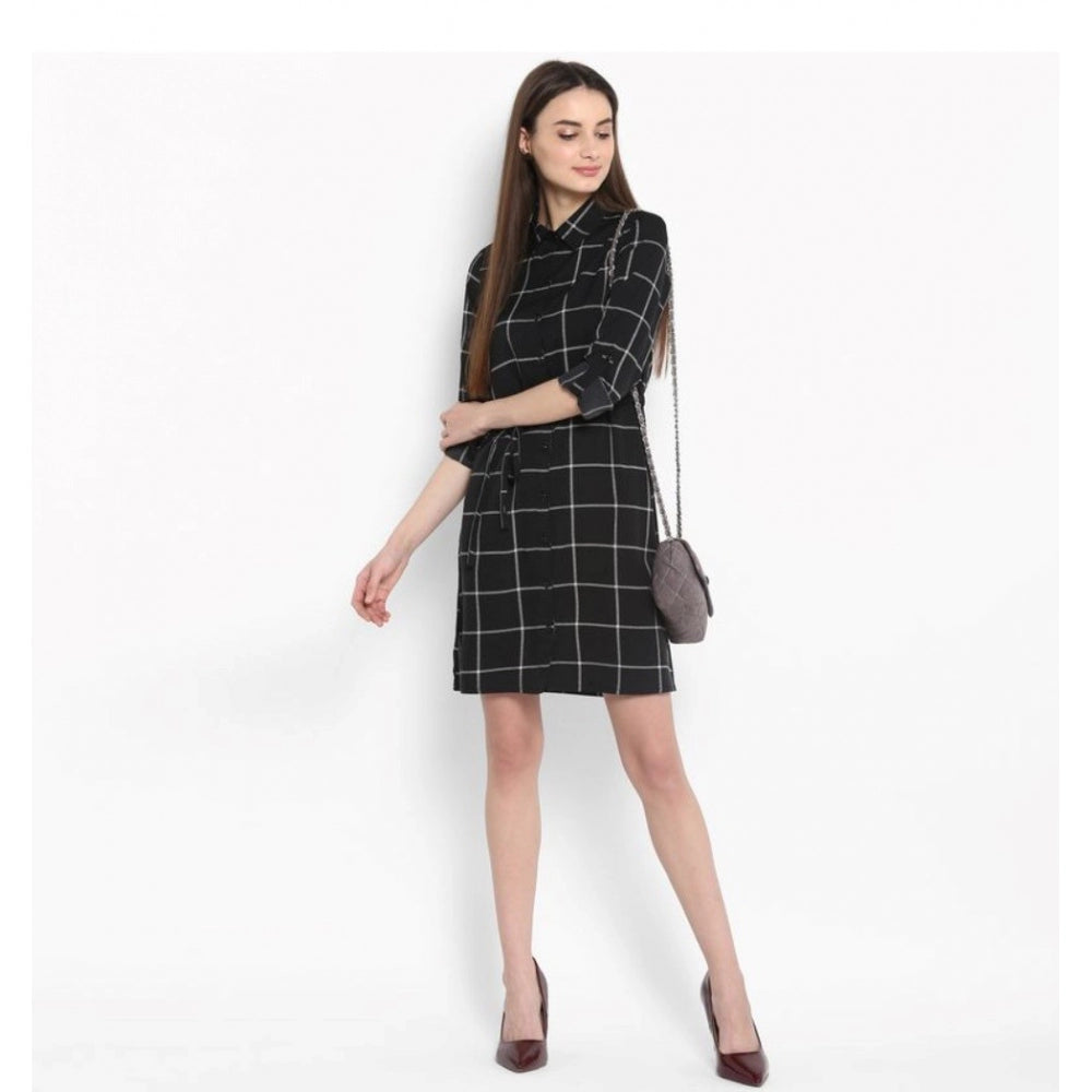 Vaystra Polyester Checkered Roll Up Sleeve Above Knee Dress – Black & White
