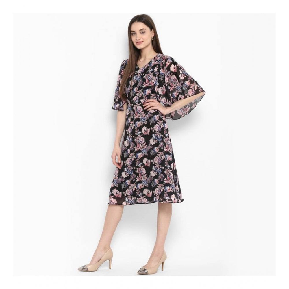 Vaystra Polyester Floral Short Sleeve Knee-Length Dress – Black & Multicolor