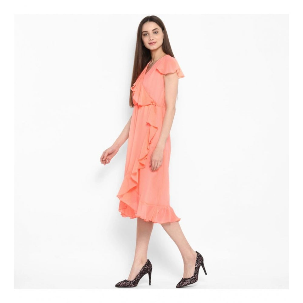 Vaystra Polyester Ruffled Cap Sleeve Below Knee Dress – Neon Pink
