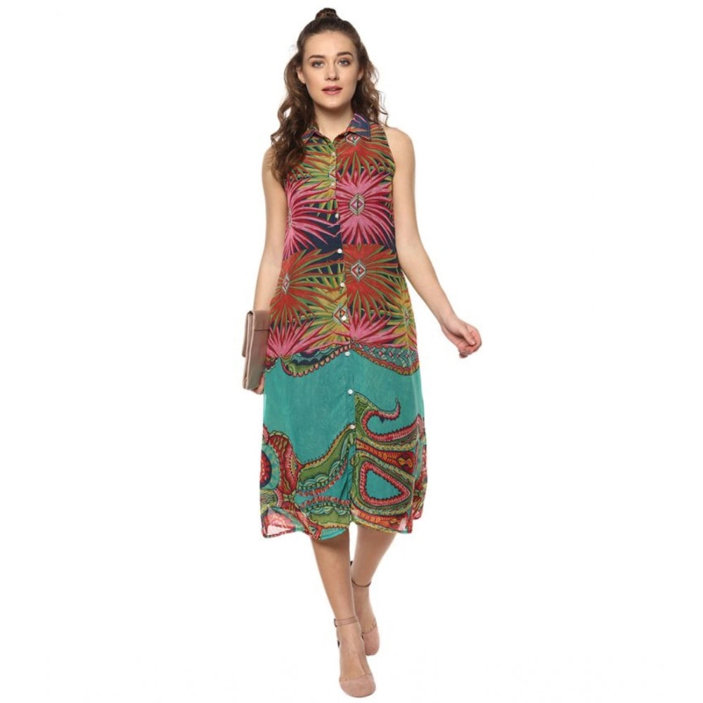Vaystra Polyester Floral Sleeveless Below Knee Dress – Multicolor