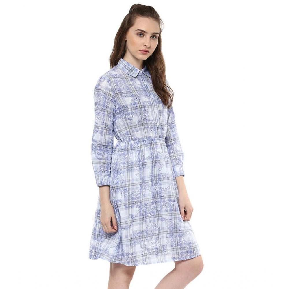 Vaystra Cotton Checkered Roll Up Sleeve Above Knee Dress – Blue