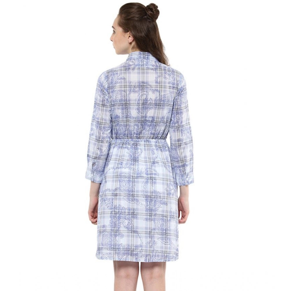 Vaystra Cotton Checkered Roll Up Sleeve Above Knee Dress – Blue