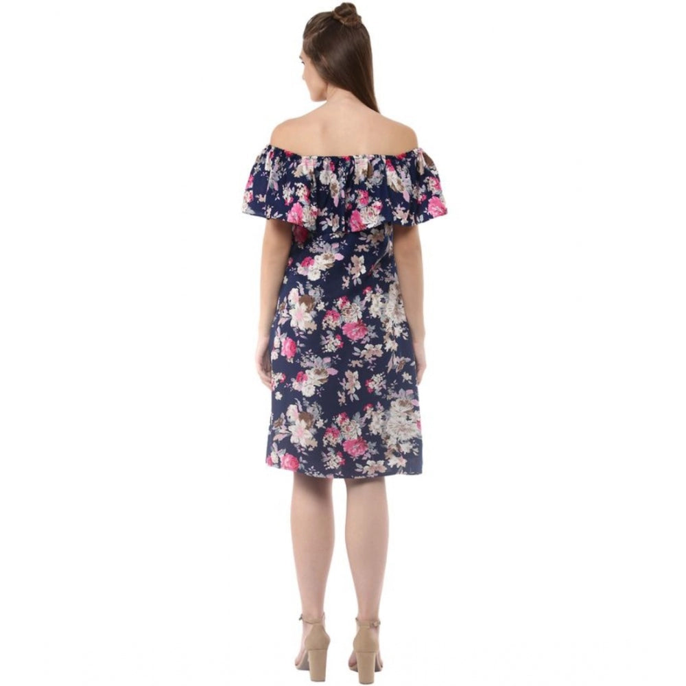 Vaystra Polyester Crepe Floral Half Sleeve Above Knee Dress – Navy Blue