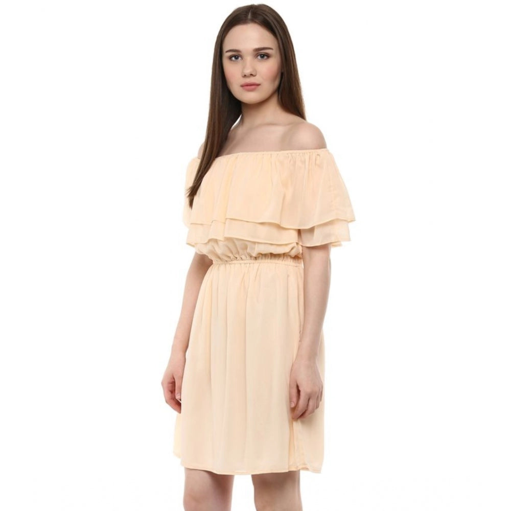 Vaystra Polyester Solid Sleeveless Knee-Length Dress – Beige