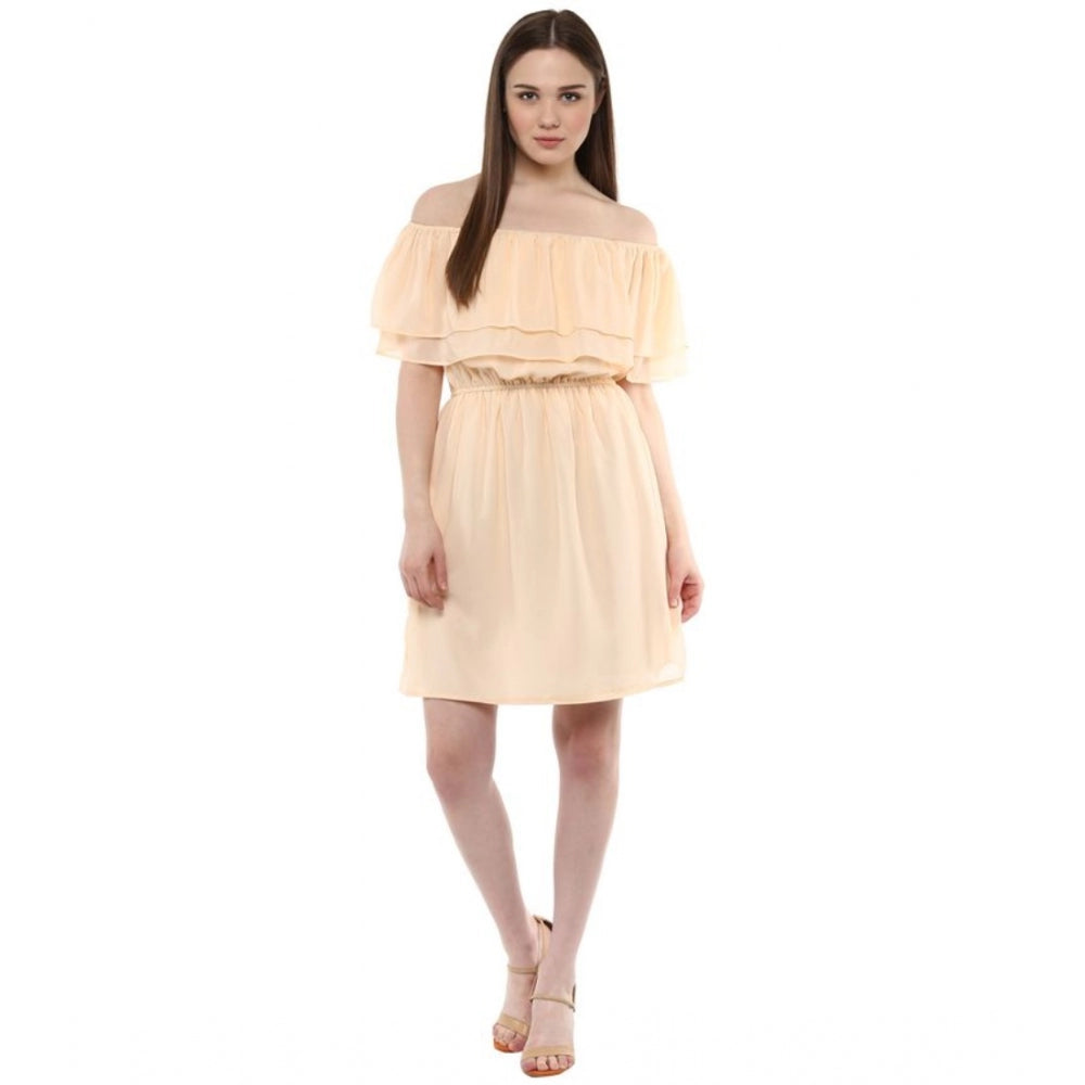 Vaystra Polyester Solid Sleeveless Knee-Length Dress – Beige