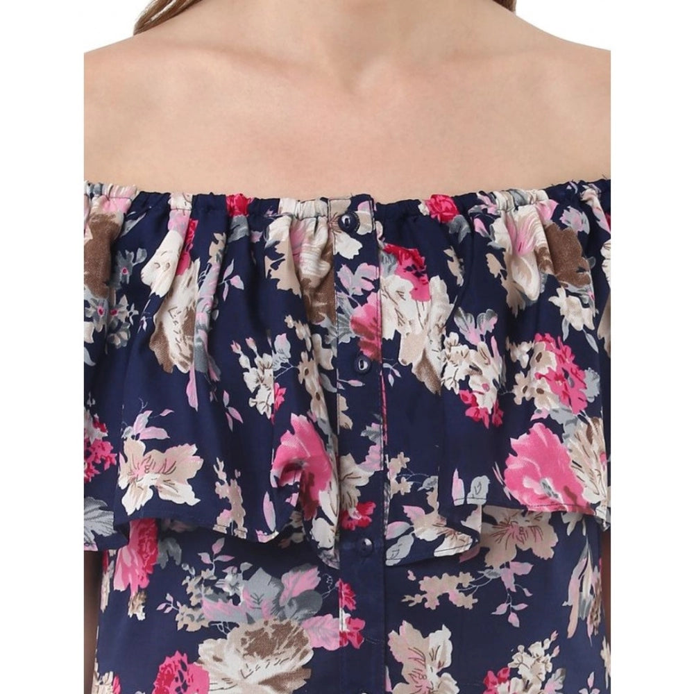 Vaystra Polyester Crepe Floral Half Sleeve Above Knee Dress – Navy Blue