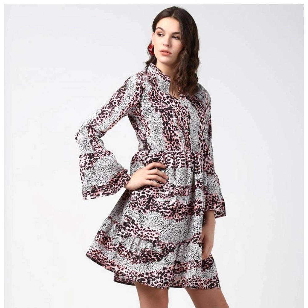 Vaystra Polyester Animal Print Bell Sleeve Above Knee Dress – Pink & Black