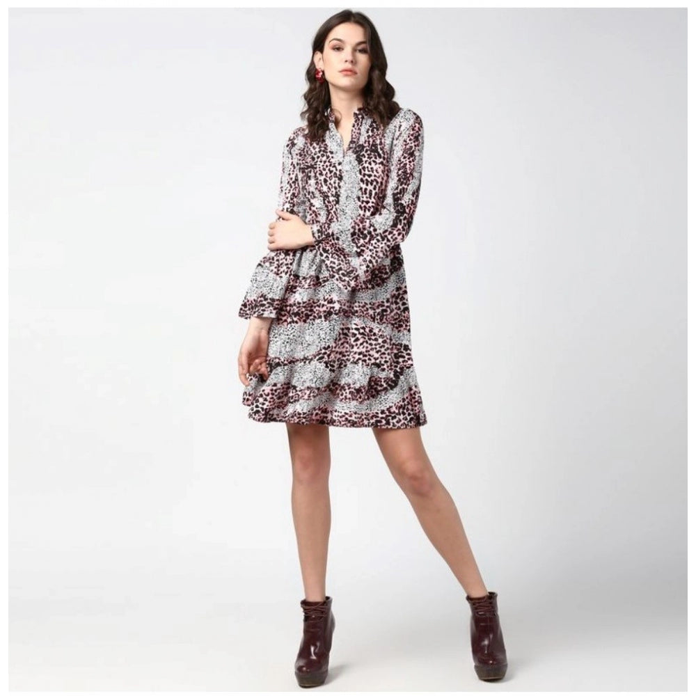 Vaystra Polyester Animal Print Bell Sleeve Above Knee Dress – Pink & Black