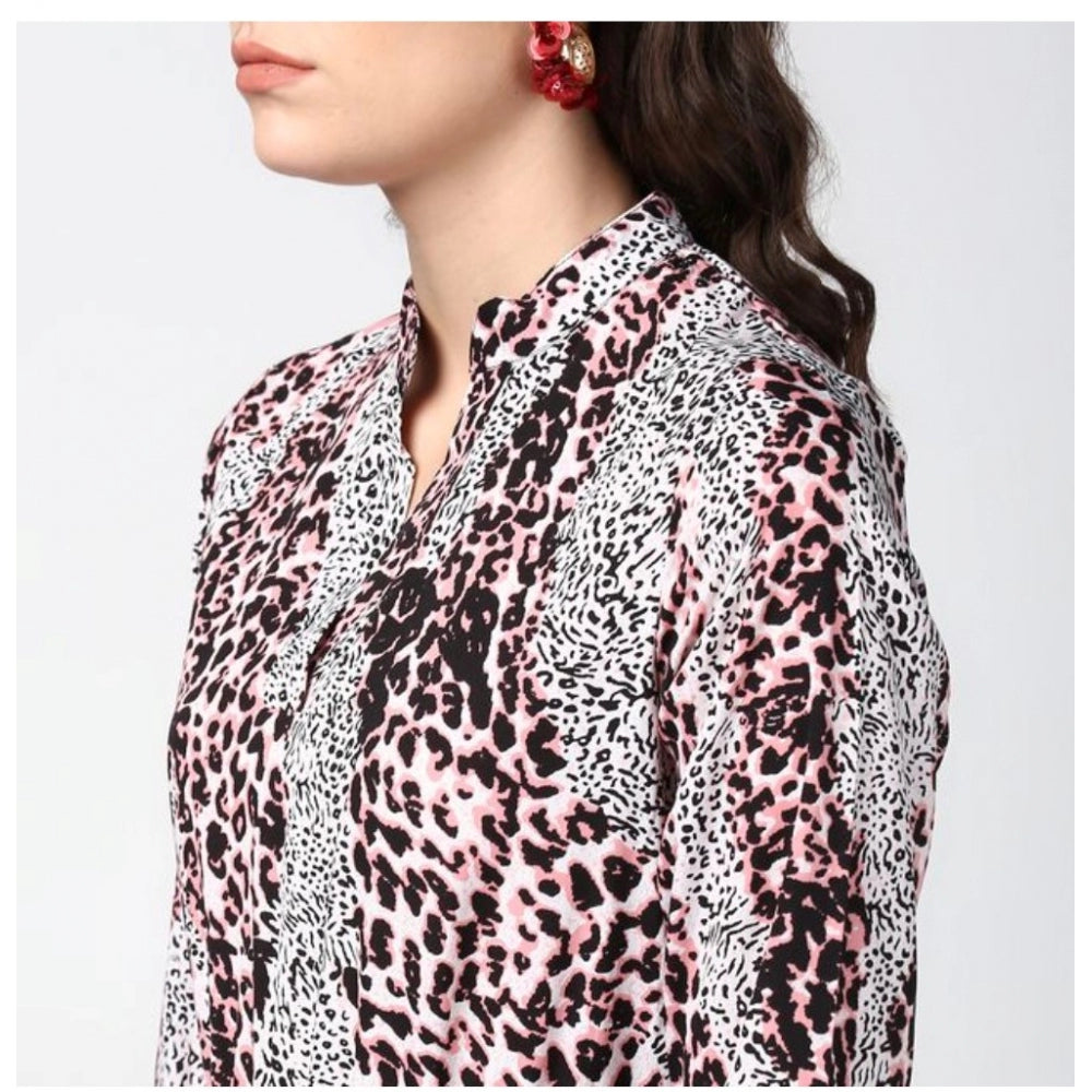 Vaystra Polyester Animal Print Bell Sleeve Above Knee Dress – Pink & Black