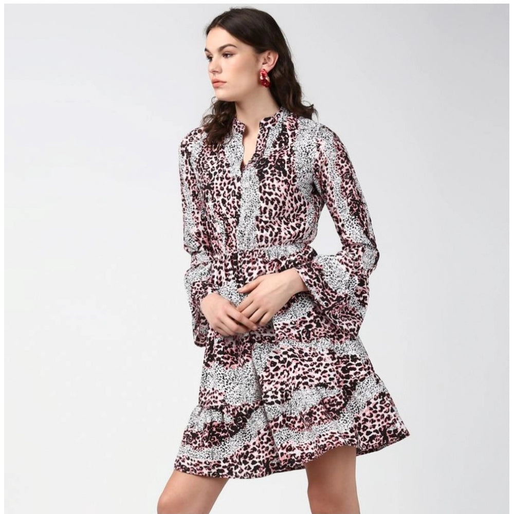 Vaystra Polyester Animal Print Bell Sleeve Above Knee Dress – Pink & Black