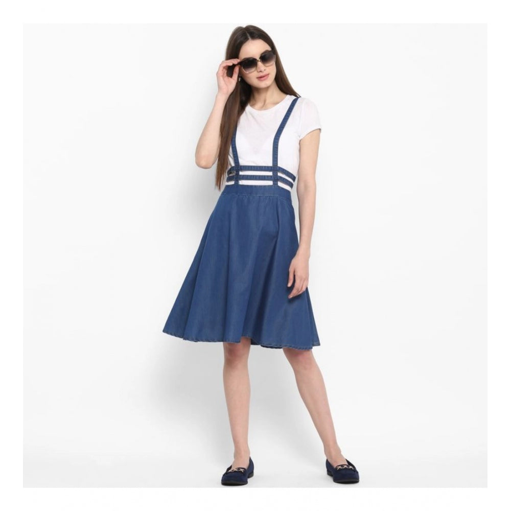Vaystra Denim Solid Shoulder Straps Below Knee Dress – Blue