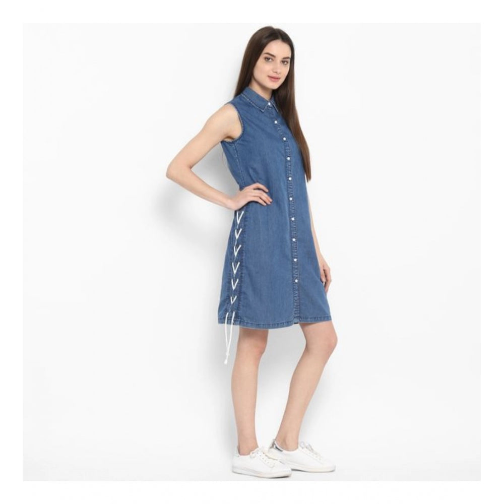Vaystra Denim Solid Sleeveless Above Knee Dress – Blue