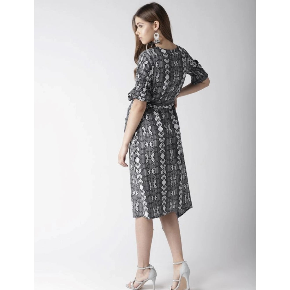 Vaystra Polyester Animal Print Short Sleeve Knee-Length Dress – Black & White