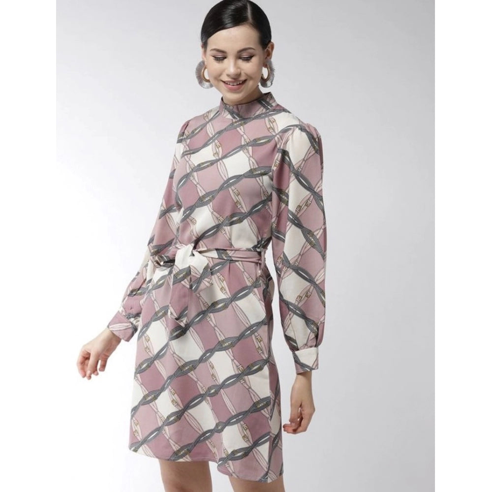 Vaystra Polyester Checkered Long Sleeves Above Knee Dress – Off White & Lavender