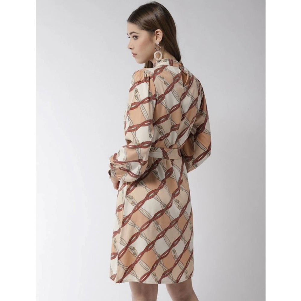 Vaystra Polyester Checkered Long Sleeves Above Knee Dress – Off White & Brown