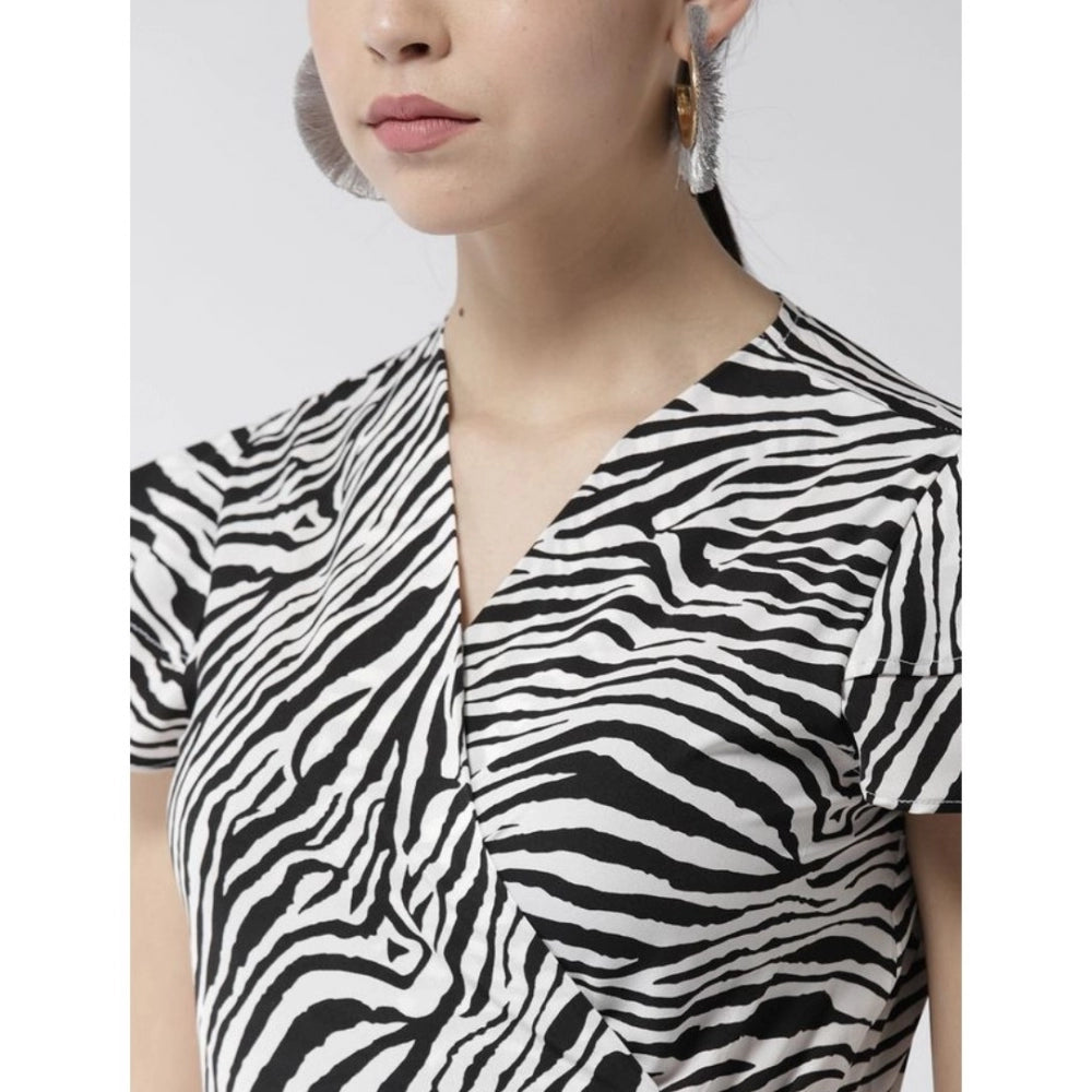 Vaystra Polyester Animal Print Short Sleeve Knee-Length Dress – Black & White