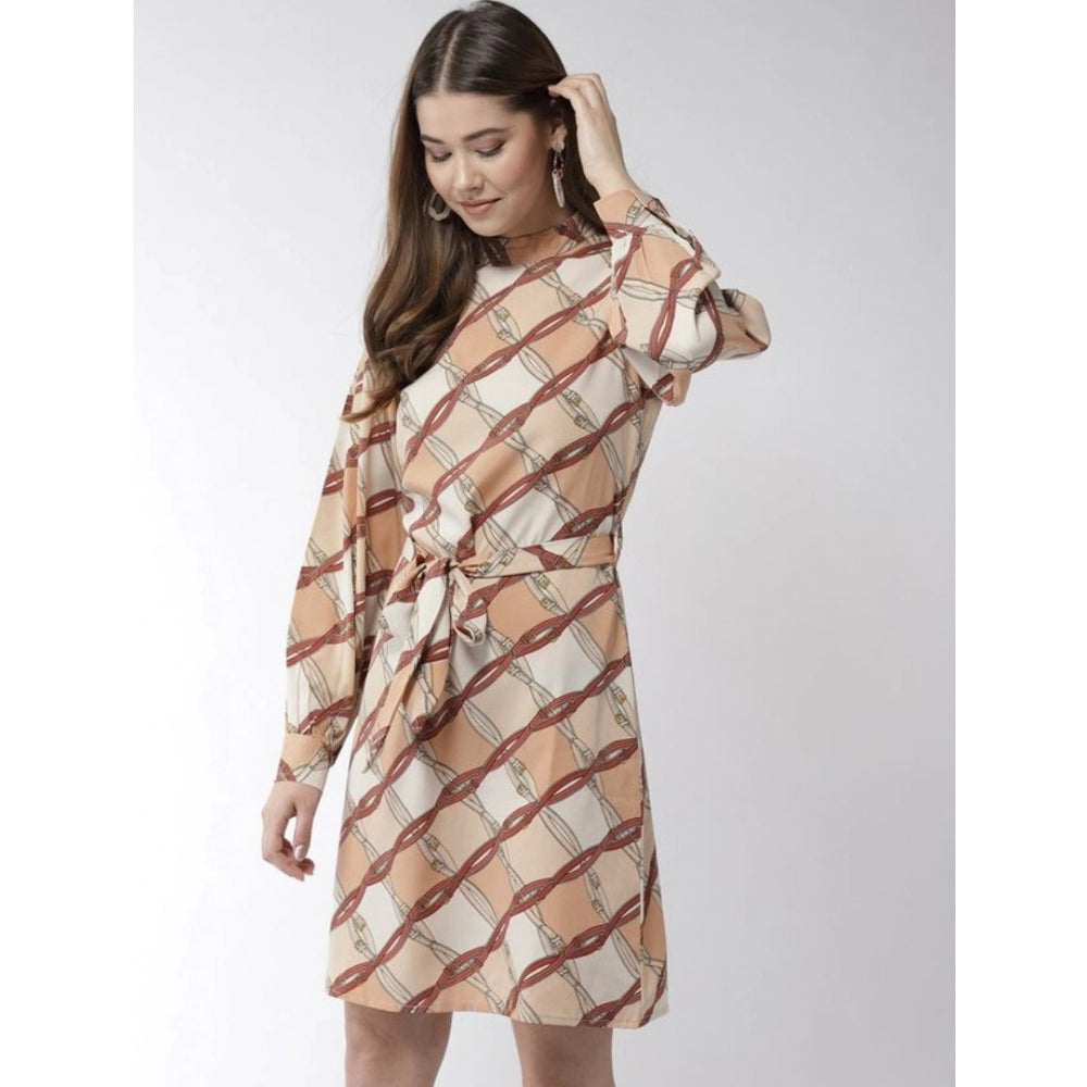 Vaystra Polyester Checkered Long Sleeves Above Knee Dress – Off White & Brown
