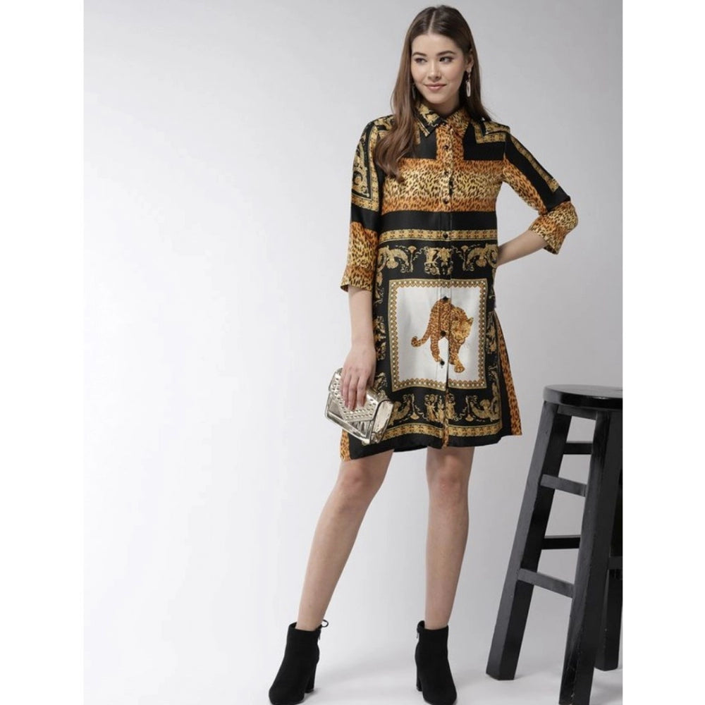 Vaystra Satin Animal Print 3-4th Sleeves Above Knee Dress – White & Orange