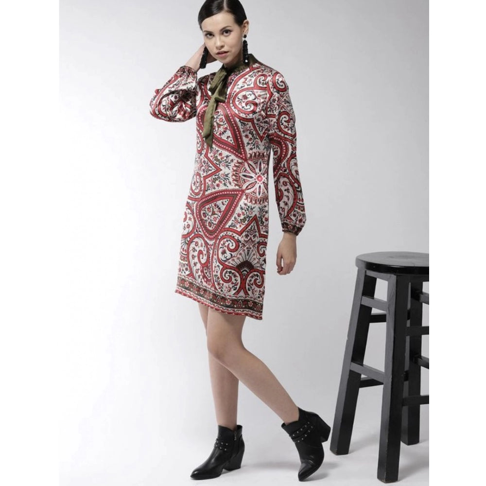 Vaystra Polyester Printed Long Sleeves Above Knee Dress – Red