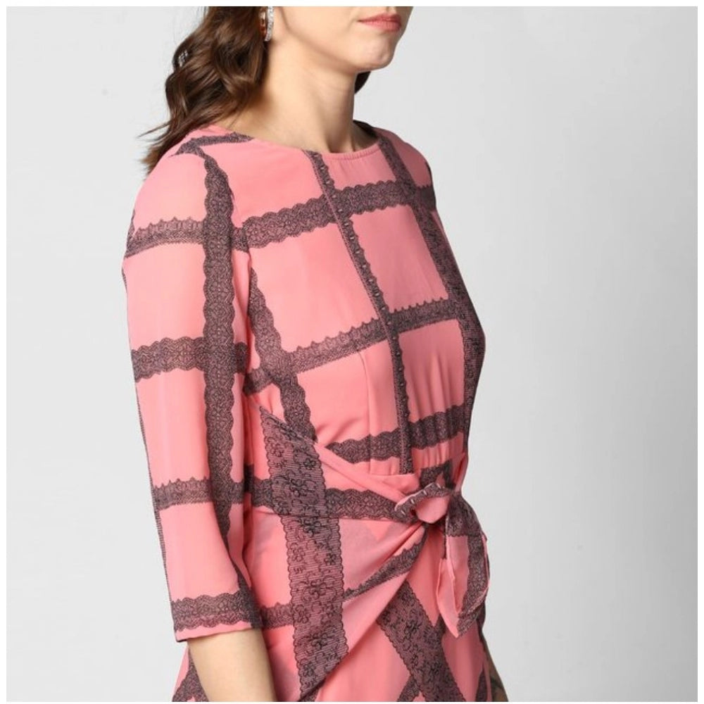 Vaystra Polyester Checkered 3-4th Sleeves Below Knee Dress – Pink & Black