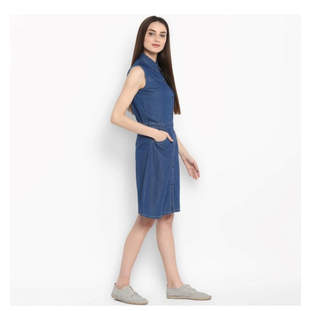Vaystra Denim Solid Sleeveless Above Knee Dress – Blue