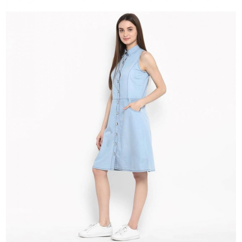 Vaystra Denim Solid Sleeveless Below Knee Dress – Blue
