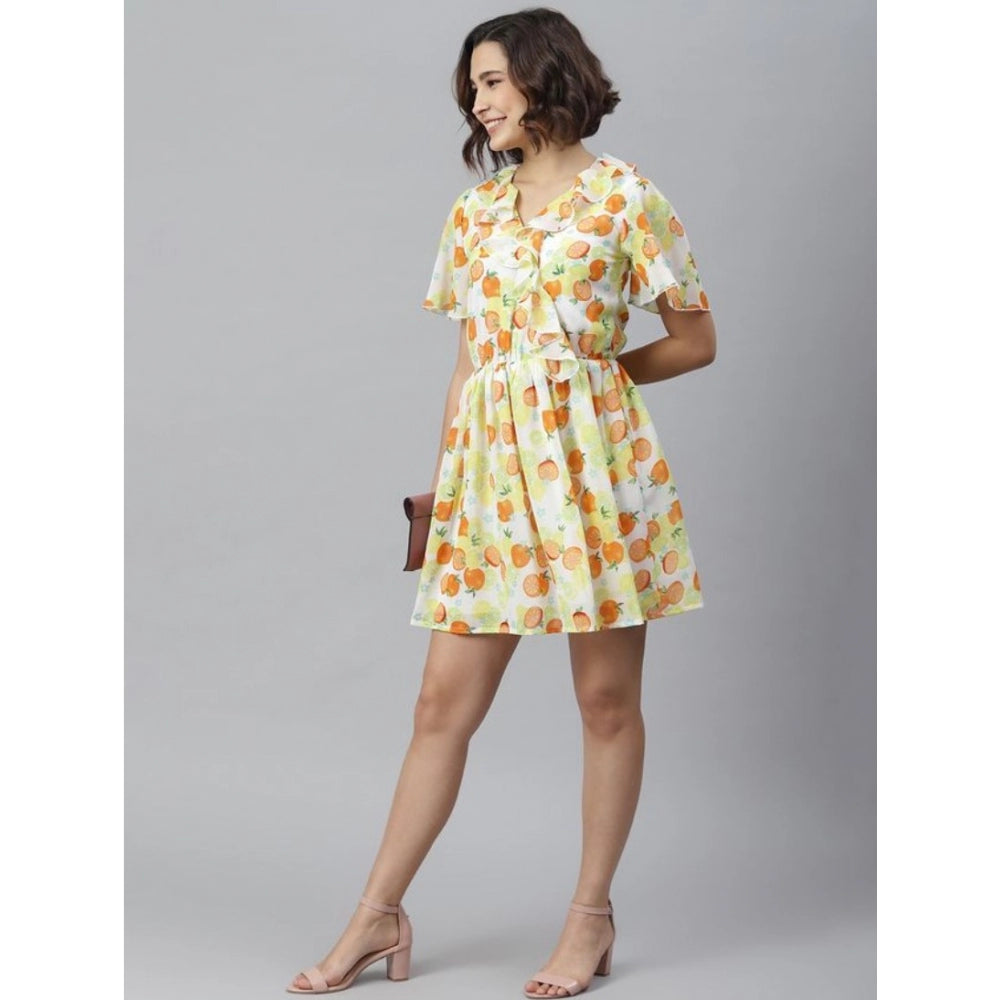 Vaystra Polyester Printed Flutter Above Knee Dress – Yellow & Orange