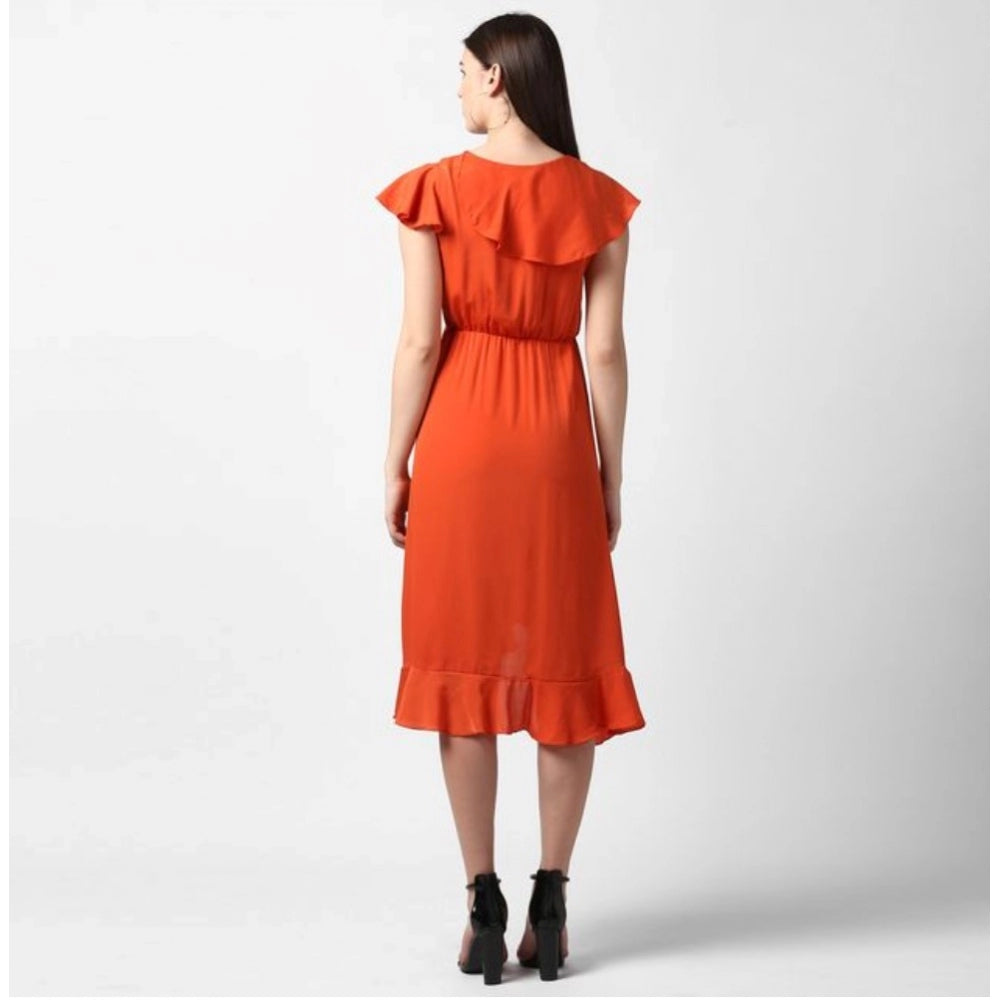 Vaystra Polyester Ruffled Cap Sleeve Knee-Length Dress – Orange