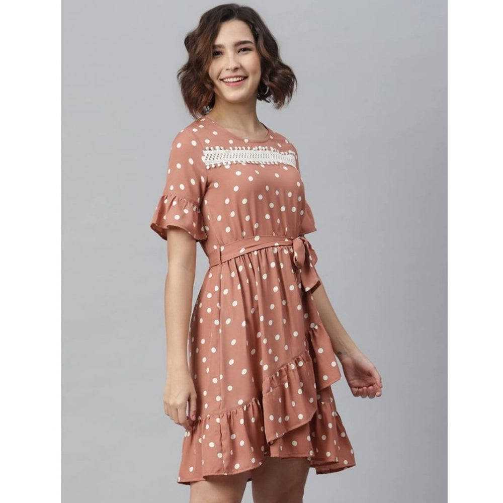 Vaystra Polyester Polka Bell Sleeve Above Knee Dress – Brown