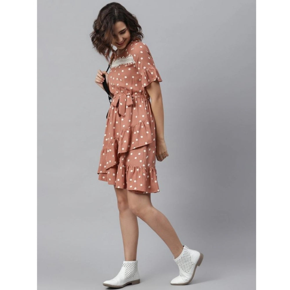 Vaystra Polyester Polka Bell Sleeve Above Knee Dress – Brown