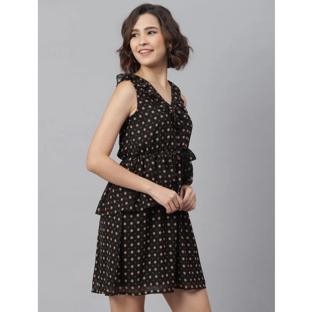 Vaystra Polyester Peplum Sleeveless Above Knee Dress – Black