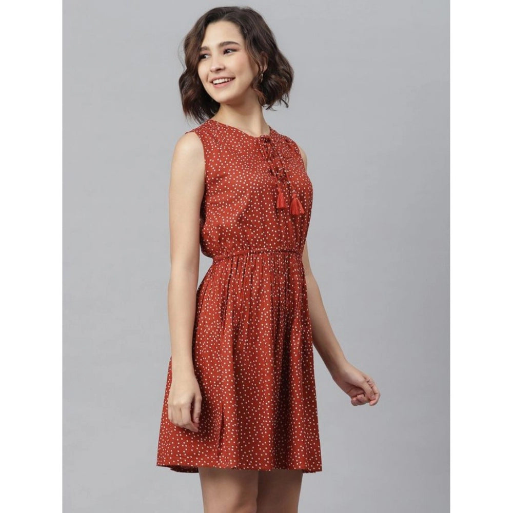 Vaystra Rayon Polka Sleeveless Above Knee Dress – Rust