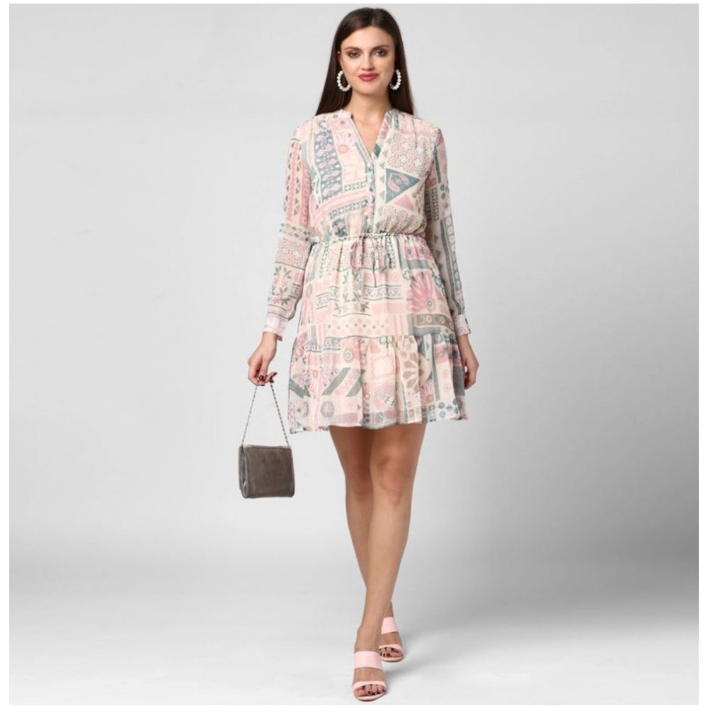 Vaystra Polyester Printed Long Sleeves Above Knee Dress – Light Pink & Off White