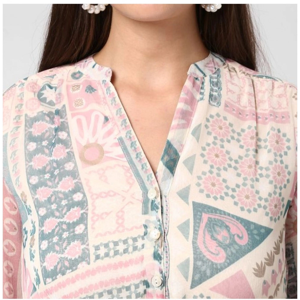 Vaystra Polyester Printed Long Sleeves Above Knee Dress – Light Pink & Off White