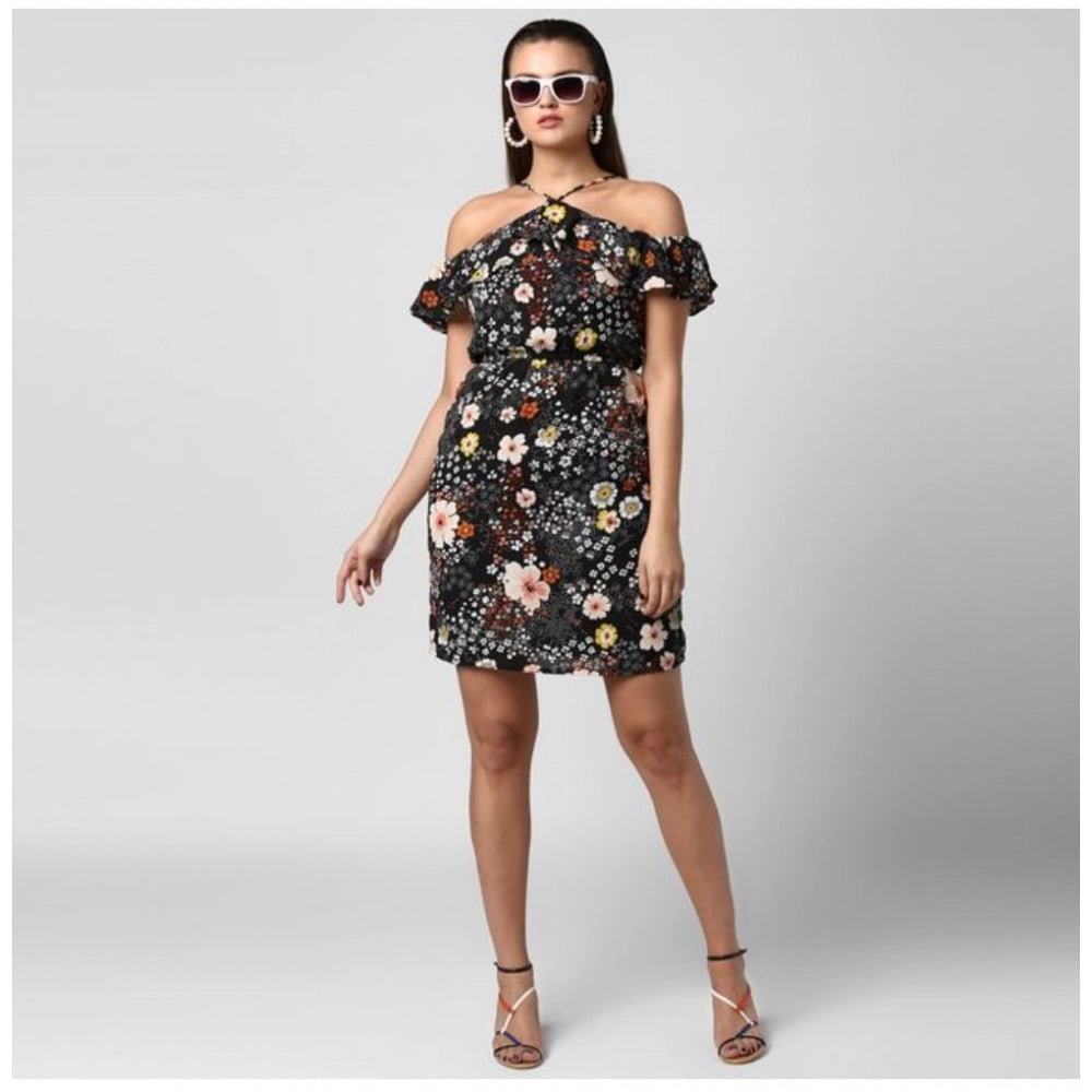 Vaystra Polyester Floral Cold Shoulder Above Knee Dress – Black
