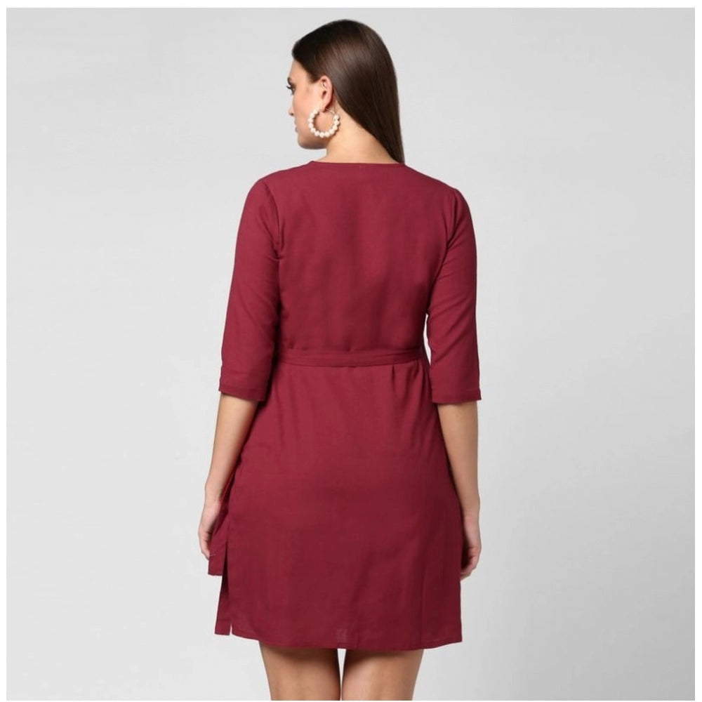 Vaystra Cotton Solid 3-4th Sleeves Above Knee Dress – Maroon