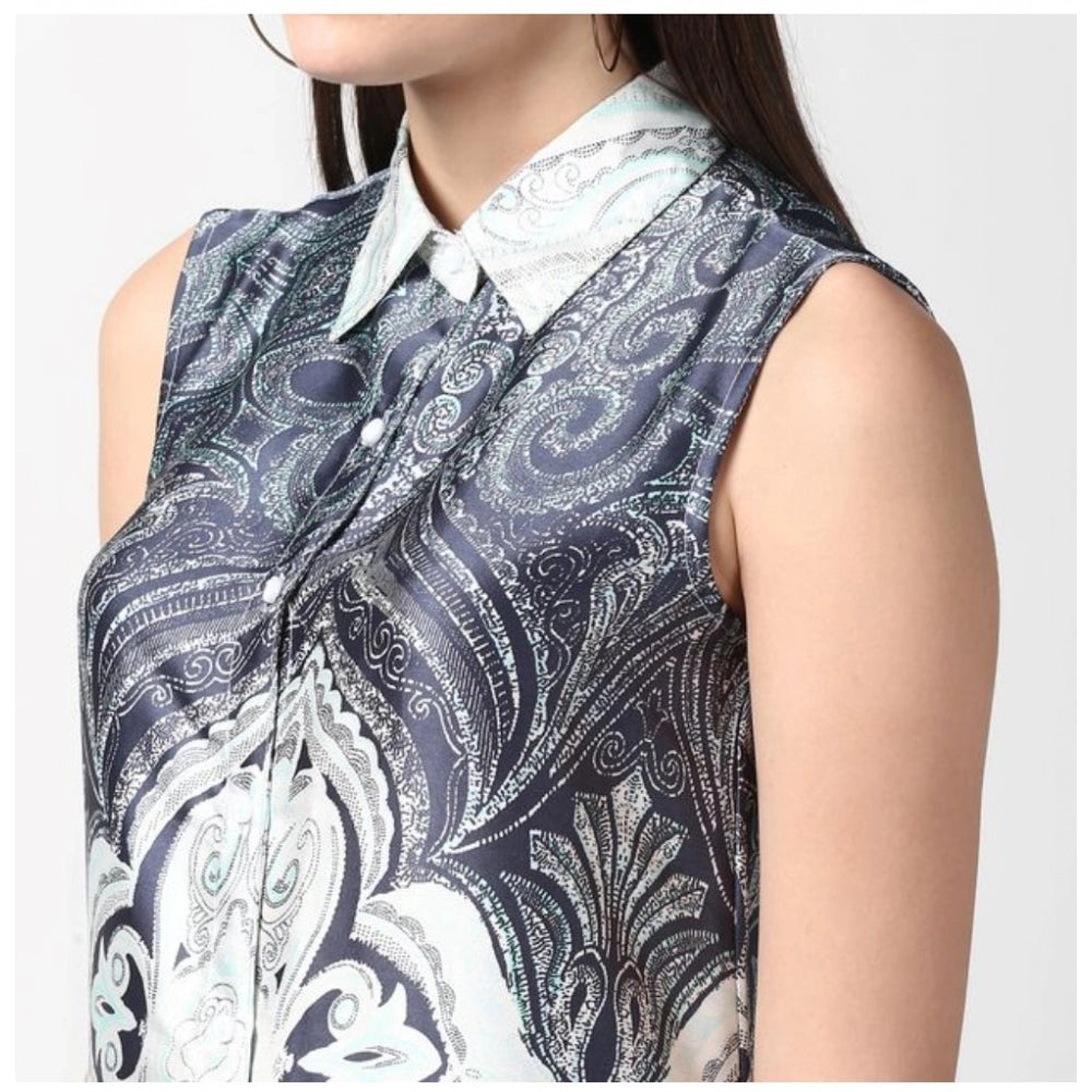 Vaystra Polyester Printed Sleeveless Above Knee Dress – Blue