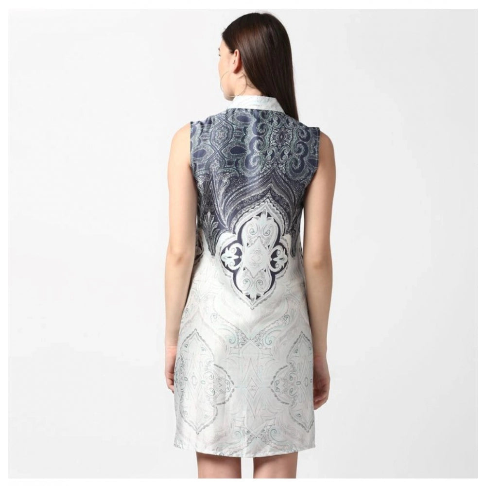 Vaystra Polyester Printed Sleeveless Above Knee Dress – Blue