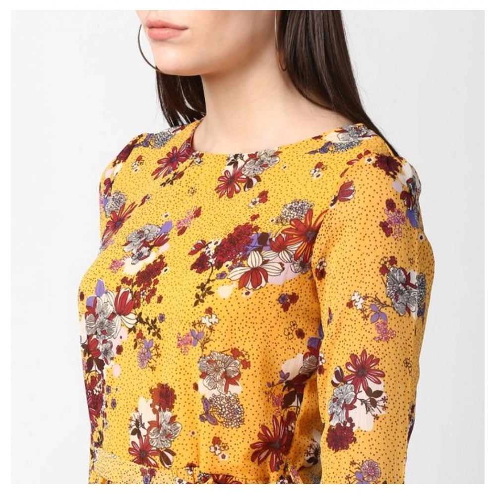 Vaystra Polyester Floral Long Sleeves Calf-length Dress – Yellow