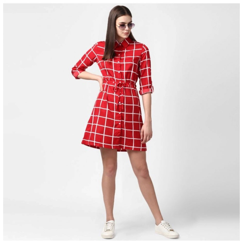 Vaystra Polyester Checkered Long Sleeves Above Knee Dress – Red