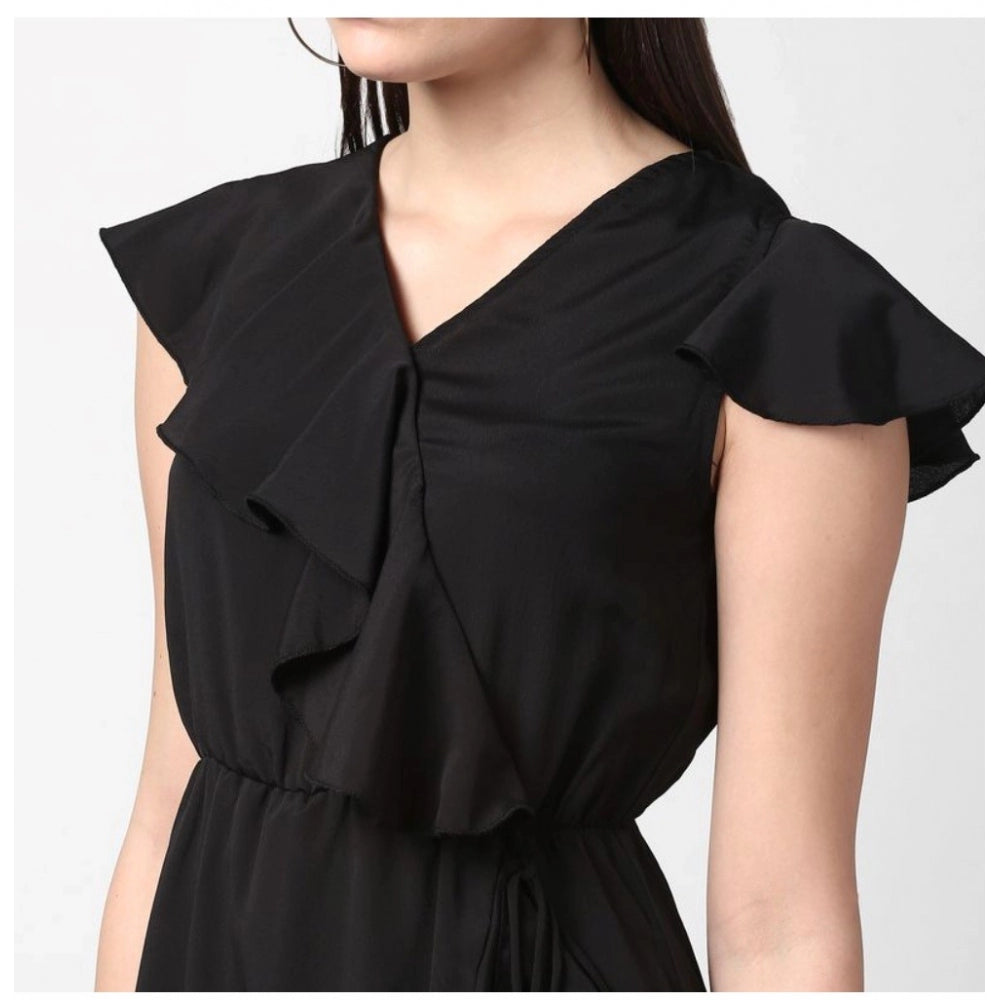 Vaystra Polyester Ruffled Cap Sleeve Knee-Length Dress – Black