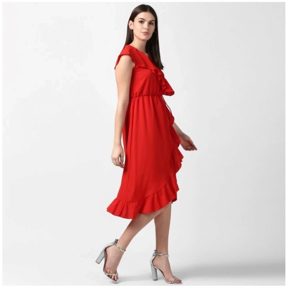 Vaystra Polyester Ruffled Cap Sleeve Knee-Length Dress – Red