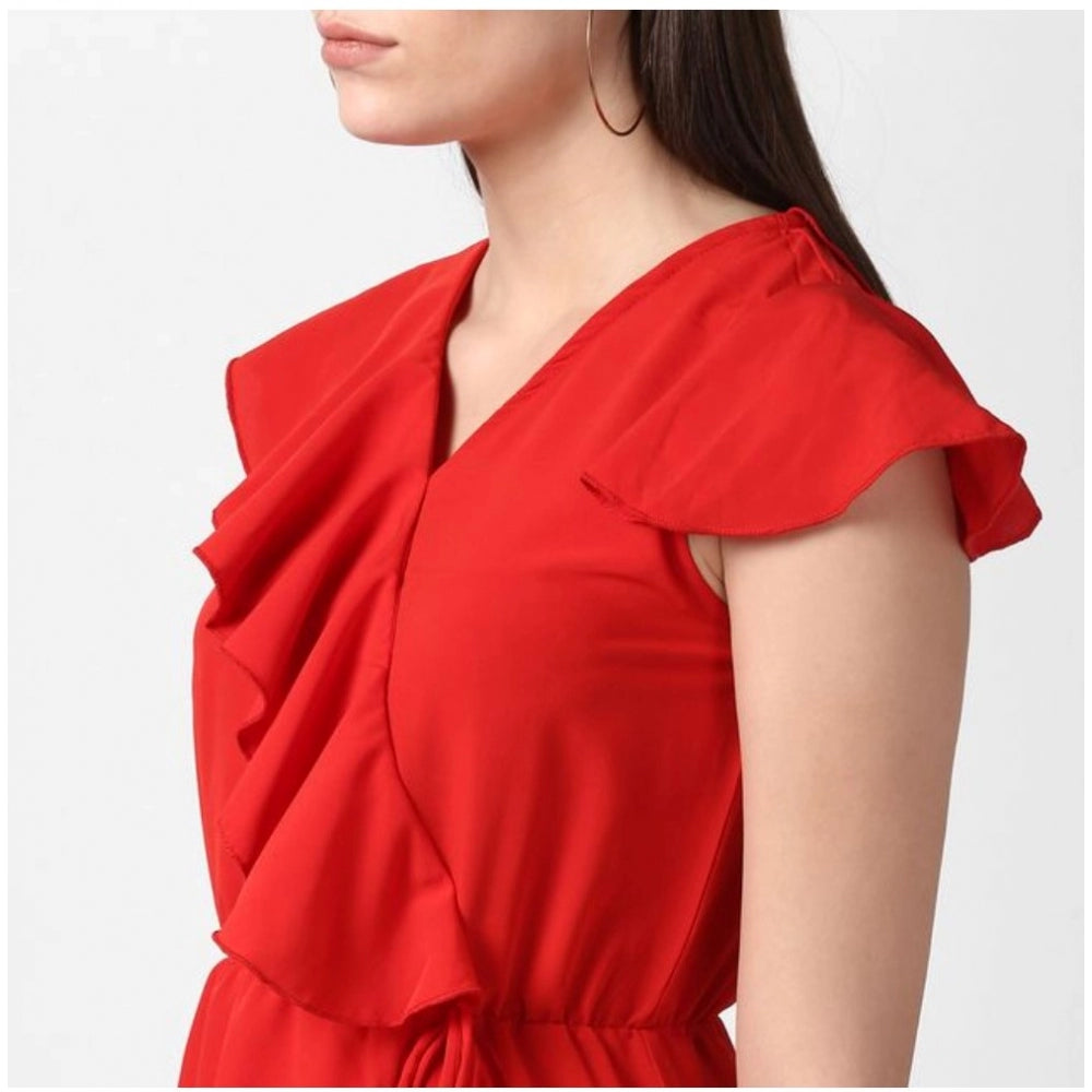 Vaystra Polyester Ruffled Cap Sleeve Knee-Length Dress – Red