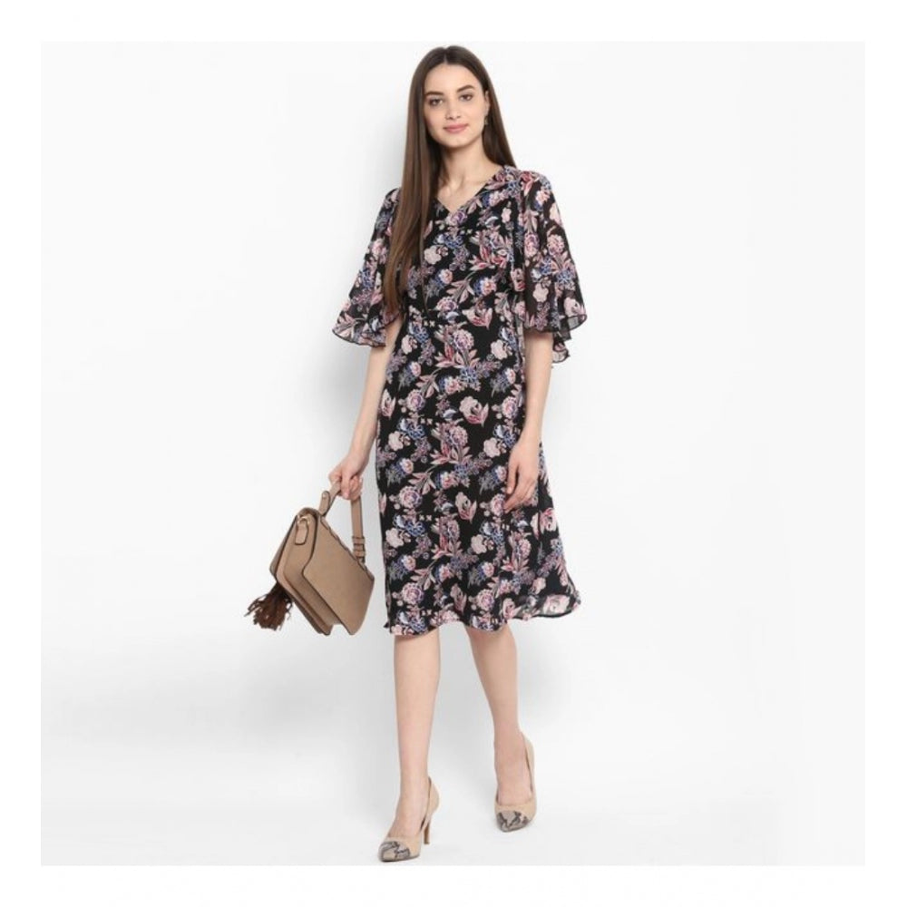 Vaystra Polyester Floral Short Sleeve Knee-Length Dress – Black & Multicolor