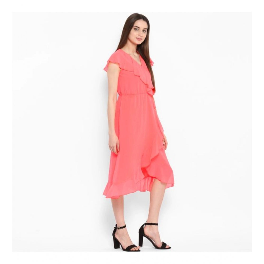 Vaystra Polyester Ruffled Cap Sleeve Below Knee Dress – Coral Pink
