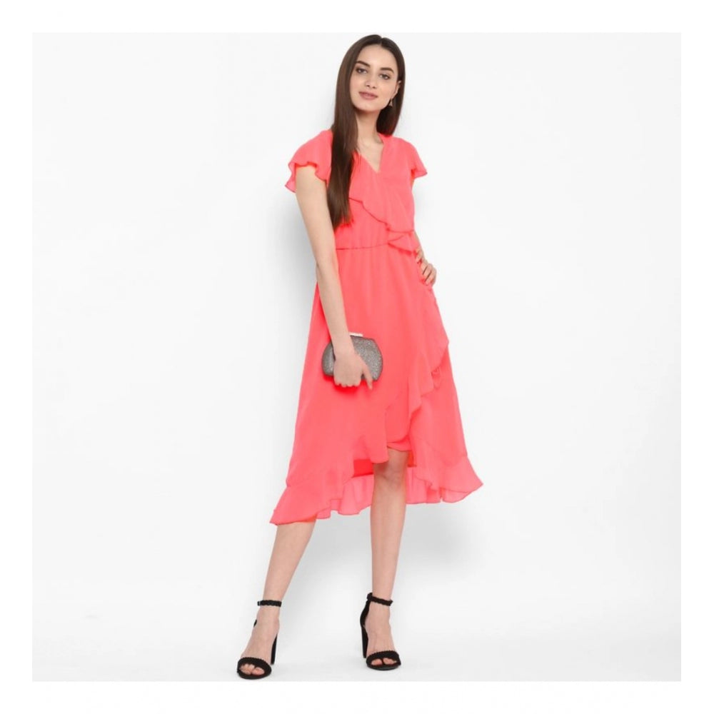 Vaystra Polyester Ruffled Cap Sleeve Below Knee Dress – Coral Pink