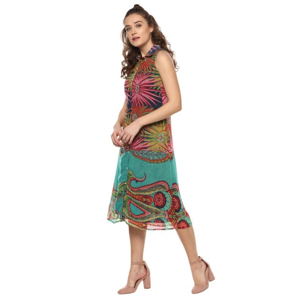 Vaystra Polyester Floral Sleeveless Below Knee Dress – Multicolor